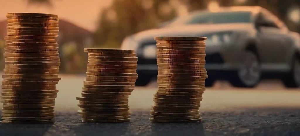 Stacks of coins arranged in increasing height on a road with a blurred car in the background at sunset, symbolizing saving money for a vehicle or financial growth.